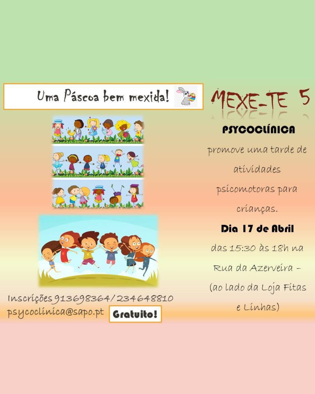 A 5.ª edição do “Mexe-te” teve como objetivo promover a atividade física das crianças durante a época da Páscoa, através da realização de atividades psicomotoras dinamizadas ao longo da tarde.