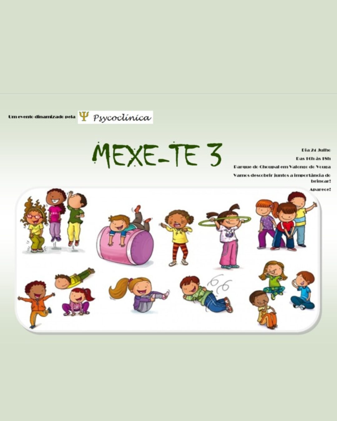 “Mexe-te 3”, foi uma iniciativa dedicada à promoção do movimento e da importância do brincar ativo no desenvolvimento infantil. Realizado ao ar livre, o encontro reuniu crianças e famílias em diversas atividades lúdicas e psicomotoras, incentivando hábitos saudáveis, interação social e bem-estar. E
